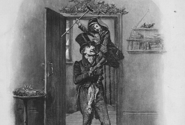 Bob Cratchit cõng Tim Tí Hon trên vai của ông. Một cảnh trong tiểu thuyết “A Christmas Carol” (Hồn Ma Đêm Giáng Sinh) của tác giả Charles Dickens, khoảng vào năm 1844. Hình minh họa do họa sĩ Fred Barnard vẽ. (Ảnh: Hulton Archive/Getty Images)
