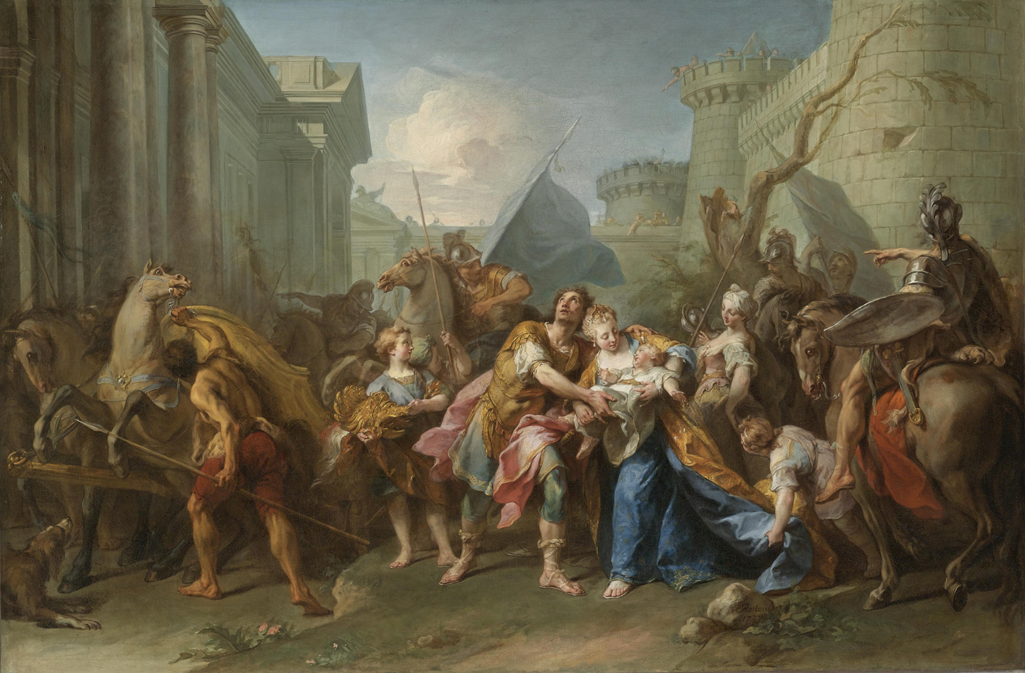 Bức tranh “Hector Taking Leave of Andromache” (Hector từ biệt Andromache) của họa sĩ Jean II Restout vẽ năm 1727. Tranh sơn dầu trên vải canvas. (Ảnh: Tài liệu công cộng)
