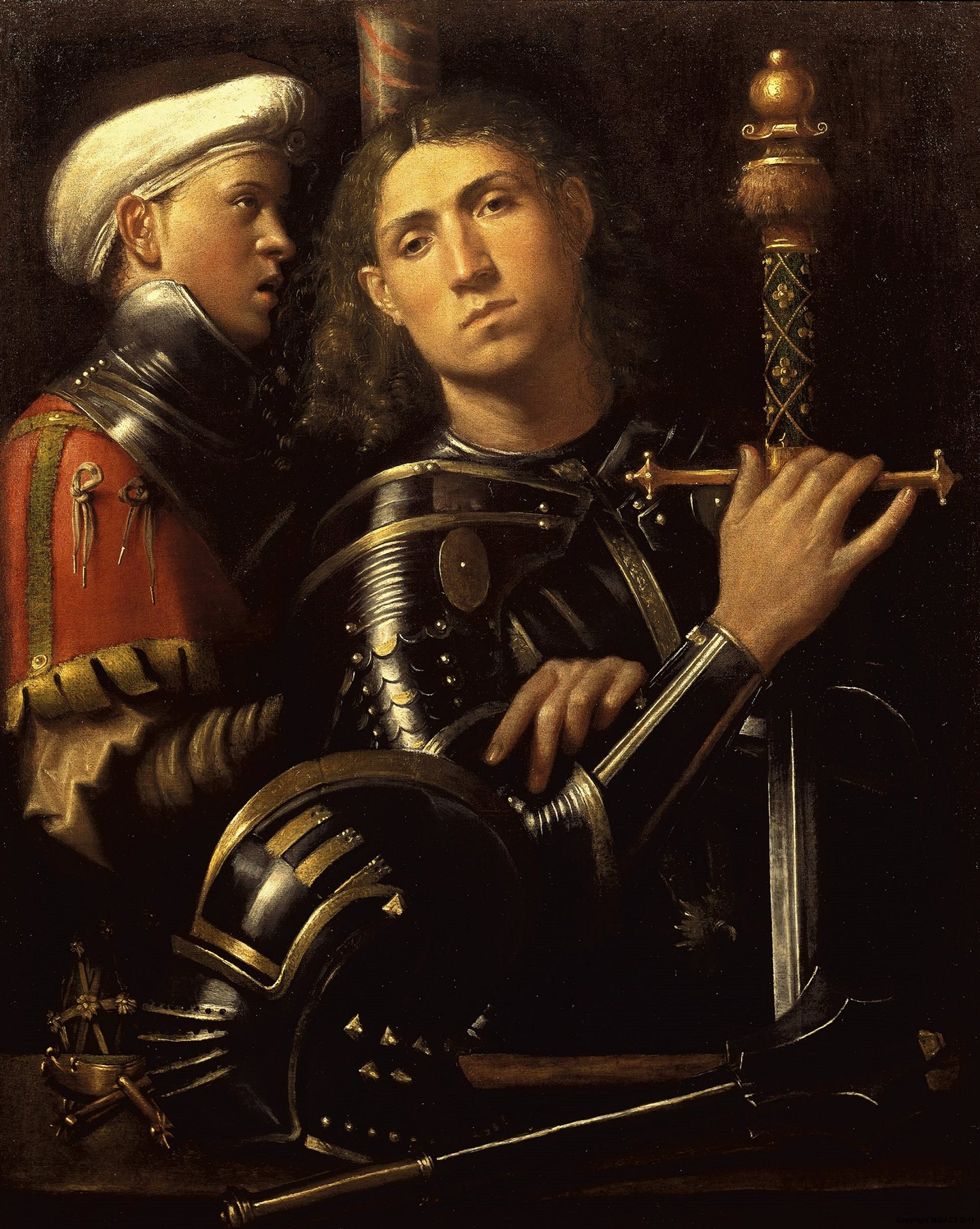 Bức tranh chân dung một hiệp sĩ và cận vệ, cũng là con trai của mình, do họa sĩ Giorgione vẽ khoảng năm 1501-1502. Tranh sơn dầu trên vải canvas. Phòng trưng bày Uffizi, Florence, nước Ý. (Ảnh: Tài liệu công cộng)