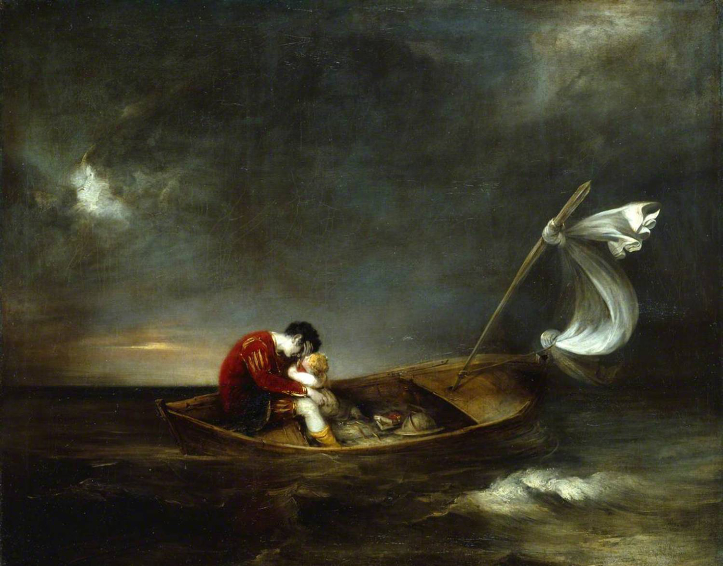 Bị trục xuất khỏi thành Milan, công tước Prospero và con gái Miranda vượt biển để đến một hòn đảo xa xôi, nơi vở kịch “The Tempest” (Giông tố) diễn ra. Tác phẩm “Prospero and Miranda” (Công tước Prospero và con gái Miranda) của họa sĩ Henry Thomson vẽ năm 1803. Tranh sơn dầu trên vải canvas. Học viện Nghệ thuật Hoàng gia, Luân Đôn. (Ảnh: Tài liệu công cộng)