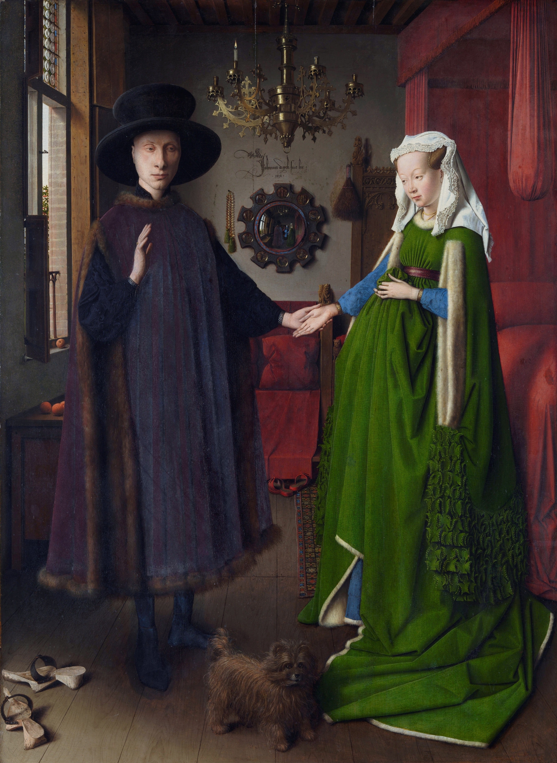 Tác phẩm “The Arnolfini Portrait” (Chân dung gia đình Arnolfini) của họa sỹ Jan van Eyck, vẽ vào năm 1434. Tranh sơn dầu trên ván gỗ sồi, gồm 3 tấm đứng; kích thước 32.4 inch x 23.6 inch (~82cm x 60cm). Bảo tàng Quốc gia, London. (Ảnh: Tư liệu công cộng)