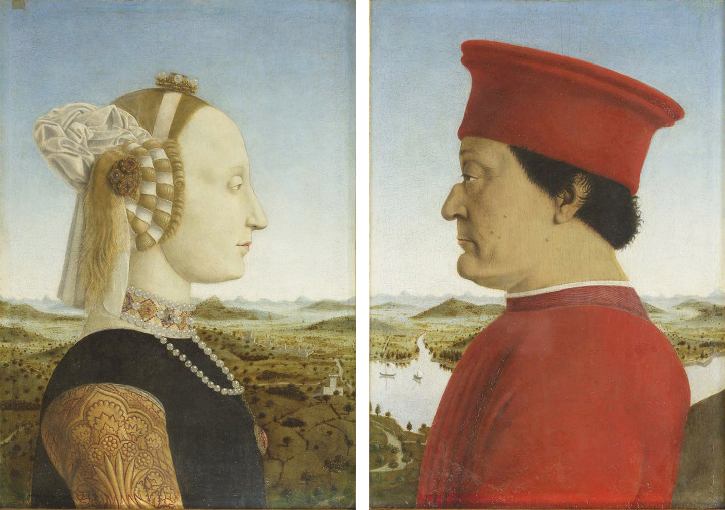 Chân dung của Công tước và Công nương xứ Urbino, ngài Federico da Montefeltro và phu nhân Battista Sforza, họa sỹ Piero della Francesca, vẽ từ khoảng năm 1473 đến 1475. Phòng trưng bày Uffizi, thành phố Florence. (Ảnh: Tư liệu công cộng)