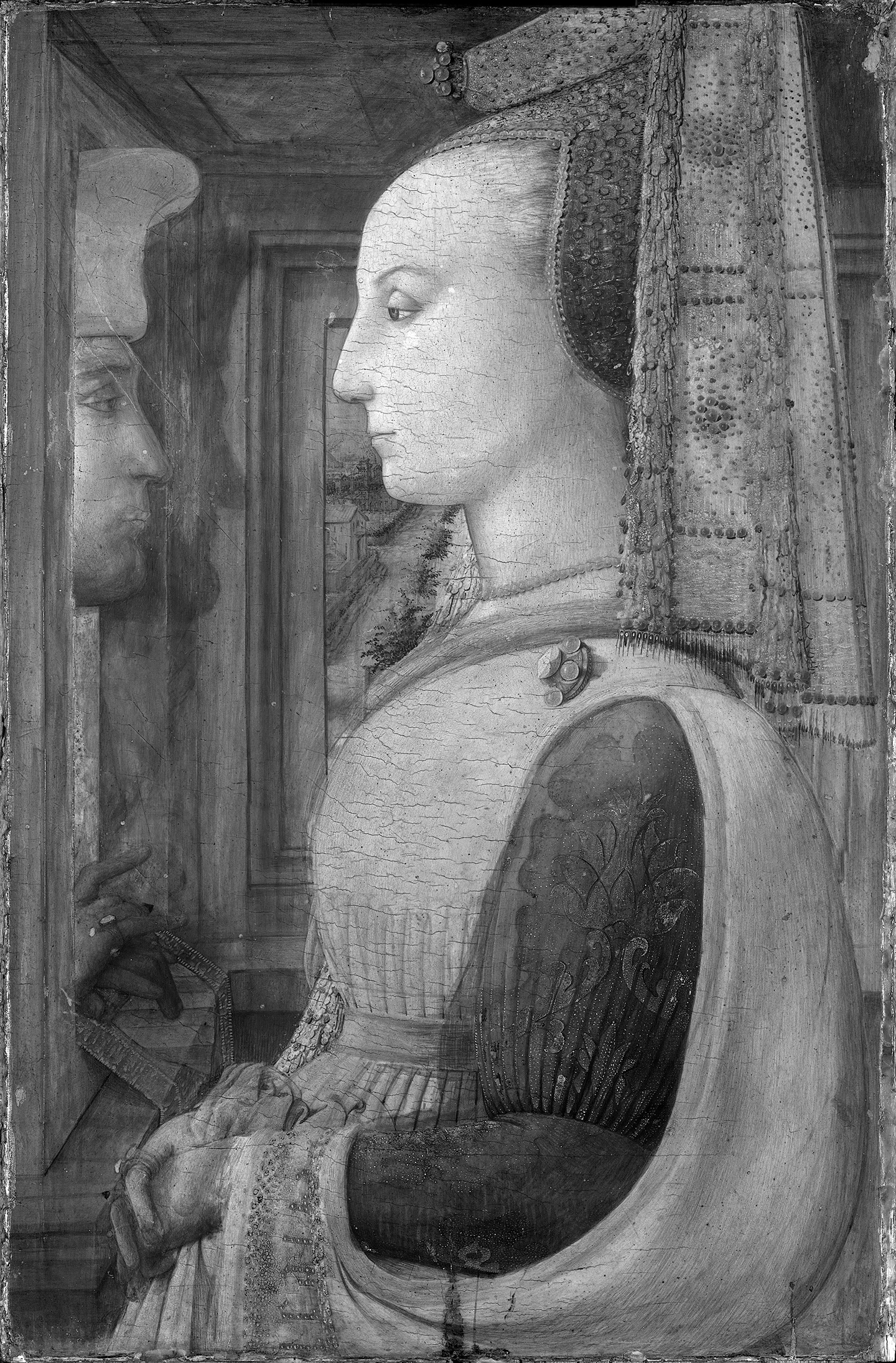 Ảnh quang phổ hồng ngoại của Bảo tàng Metropolitan cho thấy những sửa đổi của họa sỹ Lippi trong bức “Portrait of a Woman With a Man at a Casement” (Chân dung người phụ nữ và người đàn ông bên cửa sổ). Bảo tàng Nghệ thuật Metropolitan, thành phố New York. (Ảnh: Tư liệu công cộng)